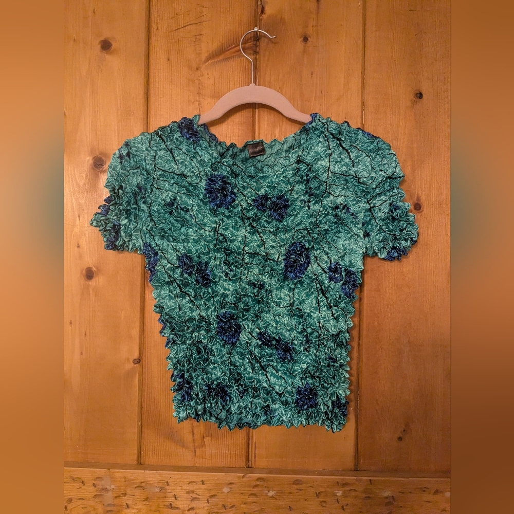 Vintage Popcorn Crinkle Stretch Blouse Green Floral Magic Top One Size
